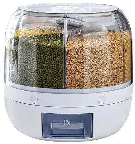 Cereal dispenser360° Rotating Food Dispenser, 6 Grids Grain Storage 22lb Rice and Grain Dispenser, Rice Dispenser Dry Grain Food Storage Container with Lid for Small Grains, Beans, Rice,Whit