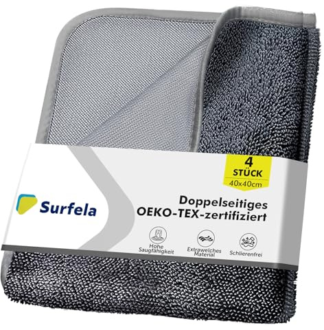Surfela Pack de 4 Toalla Secado Coche, Paño Microfibra Coche rápido y sin Marcas, Bayetas Microfibra Súper Absorbente, Limpieza Potente y sin Arañazos, Coche, Ducha, Cocina, 40×40cm