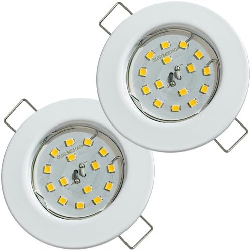 2x Flache SMD LED Modul Decken Einbauspots, 5W, 230V, 400 Lumen, Neutralweiß (4000K), Weiß, Rund, Starr, mit Sprengring, Lochausschnitt 55-65 mm, nur 28 mm Tiefe – Perfekt für Küche, Flur, Wohnzimmer