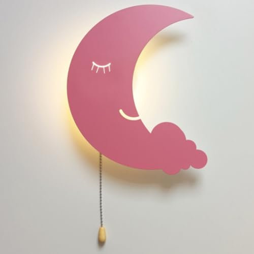LOGT 5W LED Innen Moon Wandlampe mit Schalter Kabellose Akku Nachttischleuchte 3 Farben Kinderlampe Creative Wolken Wandbeleuchtung Pink Mädchen Bettleuchte Baby Nachtleuchte für Kinderzimmer