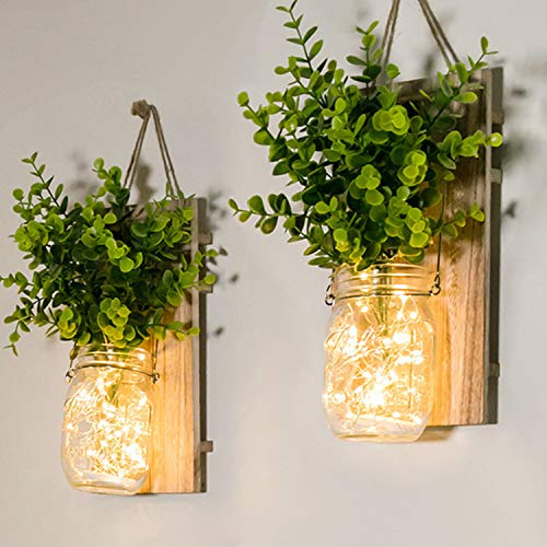 2PCS Hanging Glass Mason Jars LED Fairy Lights Wall Hanging Plastic Plant Home Lighting Battery Operated Decorative Indoor String Lights for Home Bedroom Party Christmas Decorations