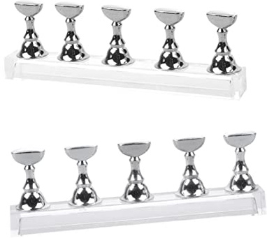 DECORNIJIA Nail Art Display Stand 2 Sets Magnetic Fake Nail Practice Bases 5 Acrylic Holders Silver Bar Shelf for Salon Home Use