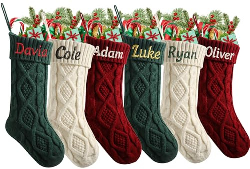 Personalised Christmas Stockings with Name,Large Knitted Christmas Stocking for Family, Custom Embroidered Xmas Stocking for Kids, Fireplace Hanging Ornament Holiday Party Decoration(Style 2-1 Pack)