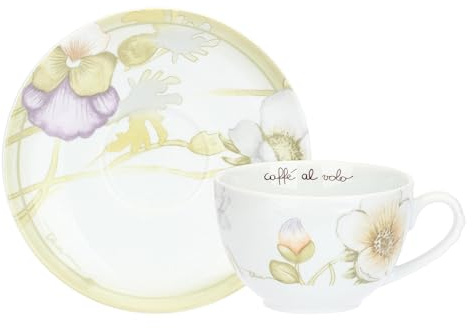 THUN - Set 2 tazze colazione con piattino - porcellana - Collezione Bloom - h8 cm, ⌀12,3 cm, manico 1,6 cm; piatto ⌀17,6 cm