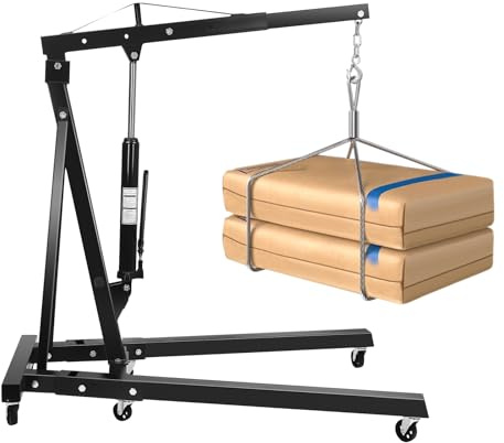 Hydraulisk verkstadskran vikbar för laster, upp till 2 000 kg, lyfthöjd 210 cm, lyftplattform för motorer och maskiner med justerbar arm och 6 järnhjul, motorlyftare, motorkran (svart)