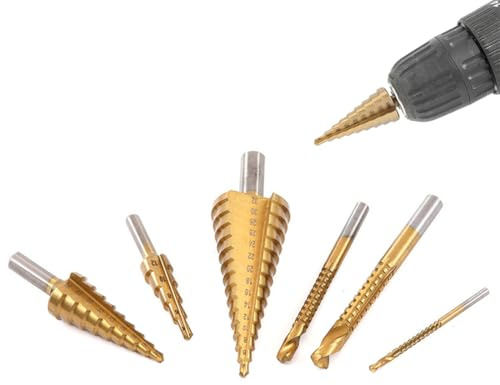 Broca Escalonada, 6 Piezas, Brocas Escalonadas para Metal, Broca Cónica HSS Titanio, Acero de Alta Velocidad, Broca Conica Ranura Recta 4-32mm, 4-20mm, 4-12mm para Acero, Madera Latón