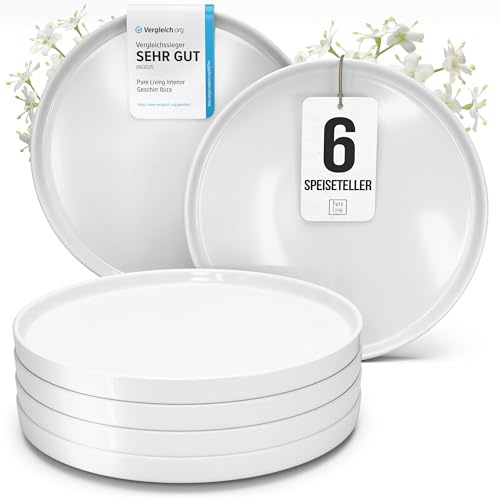 Porzellan Teller Groß 6 Personen Crystal TESTSIEGER, Cooles klares Porzellan Speiseteller Set, Stylisches Essteller Set, Pure Living in weiß