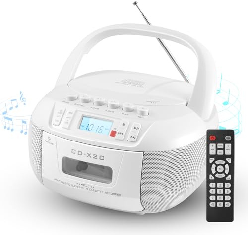 DGXWLLW CD and Cassette Player Combo, Portable CD Player Boombox with AM/FM Radio Bluetooth/AUX/USB Drive Tape Recording Headphone Jack LCD Display AC/DC Powered Stereo Sound with Remote Control