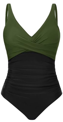 CMTOP Maillot de Bain Femme 1 Pieces Col en V Push Up Maillots Une Pièce, Contrôle du Ventre Maillots de Bain, Ruché Effet Gainant Ventre Plat Monokini, Amincissante Swimsuit