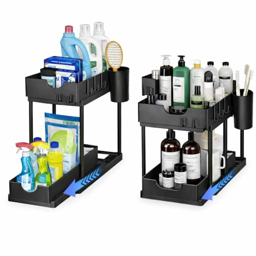 Zemain® 2 Pack Under Sink Storage Kitchen Organiser, 2 Tier Pull Out Under Sink Kitchen Storage & Organisation with extra hooks, Storage Cups, Multipurpose Under Shelf Storage Organizer for Bathroom
