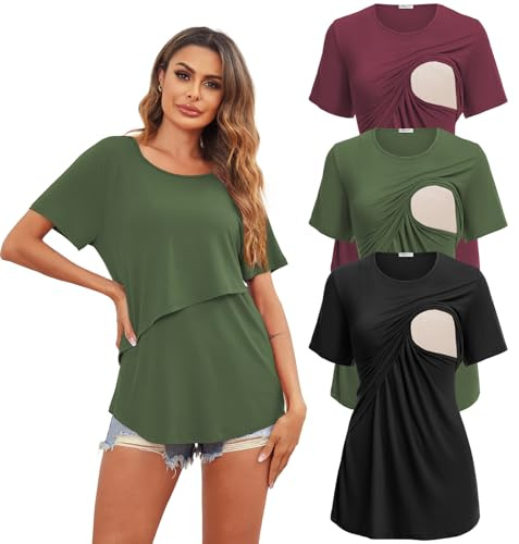 Ekouaer amningströja, modal, mammamode, 3-pack, mjuk, kortärmad, sommar, amnings-t-shirt, amningstoppar, damer, amningstopp för gravida kvinnor, Grön + röd + svart, XL