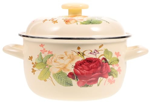 SEWACC Vintage Enamel Cooking Pot 20Cm Double Handle Stew Pot with Lid, Wear-Resistant Household Soup Stockpot for Home and Portable Use
