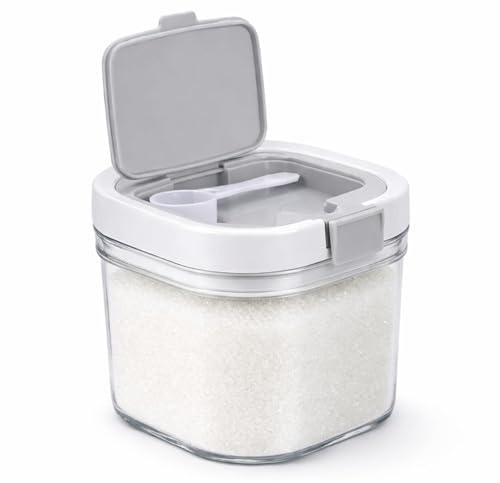 Punorric Sugar Container with Spoon, Airtight Sugar Jar Plastic Food Containers with Lids, Flour Storage Containers for Cereal, Rice, Dry Food, Stackable, BPA-Free Kitchen Pantry Storage