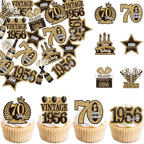 SYKYCTCY 60 Pack Edible Happy 70th Birthday Cupcake Toppers Glitter Seventy Vintage 1956 Cupcake Picks Cheers to 70 Years Decorations for Happy 70th Birthday Party Cake Decor Supplies