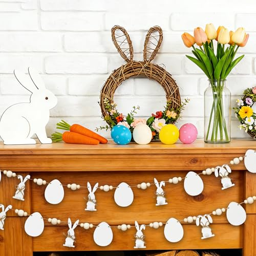 Songjum Holz Osterkranz Dekoration DIY-Frohe Ostern Banner mit Hase Ei und Holzperlen für Wandkamin Regal Kaminsims Display Innenbereich Außenbereich Zuhause Partyzubehör(5 Modelle in Weiß)