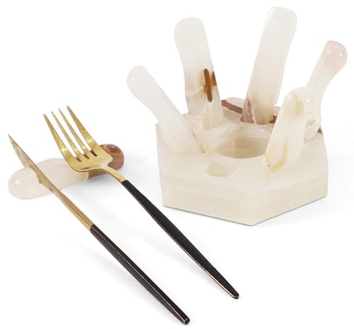 Marblous Krafts White Onyx Marble Utensil Rest Set of 6 with Holder 3x4 | Hand Polished, Natural Veining, Best for Coffee Spoon Rest, Spatula Rest, Kitchen Tools, Home, Decor Gift