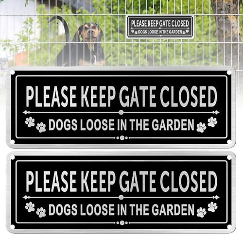 Please Close the Gate Sign, 2 Pack Beware of The Dog Sign, Aluminum Brushed UV Resistant Waterproof Durable Fade-Resistant with Reflective Adhesive Backing for Gates, Fencing & Outdoor Safety
