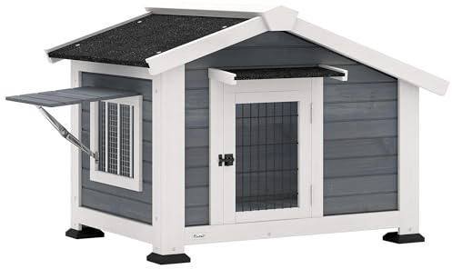 PawHut Caseta para Perros Exterior de Madera, Casa para Perros Medianos con Techo Asfático, Suelo Extraíble, Ventana Abatible y Puerta Ventilada, Base Elevada, 98x76x69,5 cm, Gris