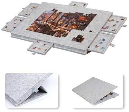 Pusselbord 1000 delar, pusselbräda pusselmatta pusselarrangör 77 x 53,6 cm | av filt, bärbar, lutbar, med 6 lådor och lock, med stativ, superlätt, för vuxna, grå