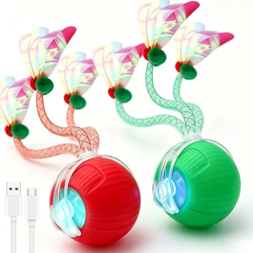 Toolivex Jouet Chat Interactif 2 Pièces, Balle Automatique USB avec Queue | Balle roulante intelligente, 3 modes de jeu, détection obstacles, mouvement autonome, rechargeable, anti-ennui