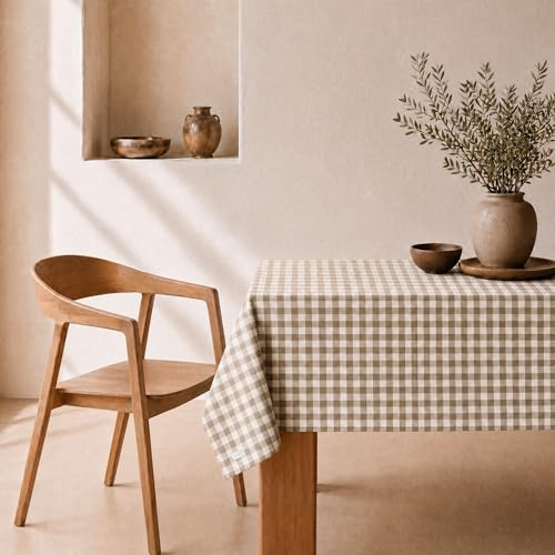 svet Mantel Antimanchas Tacto Tela Extrasuave, Mesa Rectangular, Algodón Impermeable, 140 x 200 cm (Cuadro Vichy Beige)