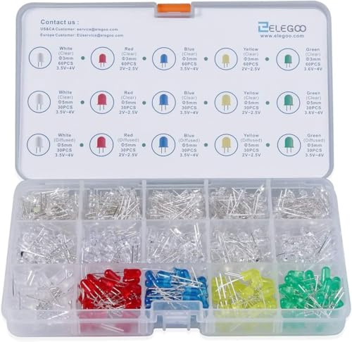 ELEGOO 600x Leuchtdioden-Kit, 3mm / 5mm, diffus und klar, 5 Farben | kompatibel mit Arduino und zugehöriger Entwicklungssoftware für Maker & DIY-Projekte