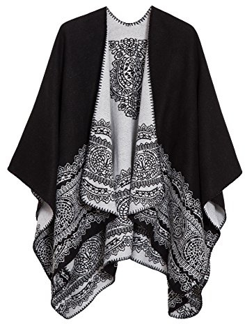 EXCHIC Varma stickade sjalar för kvinnor, blommig, elegant, poncho, kappa, kappa, Svart-91, en storlek