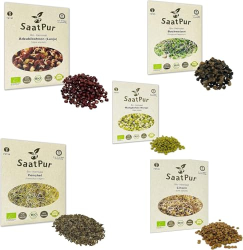 SaatPur BIO Keimsprossen Set Sortiment 5 BIO Sorten Anti Stress Mix Mischung - Mungo Lunja Linsen Fenchel Buchweizen