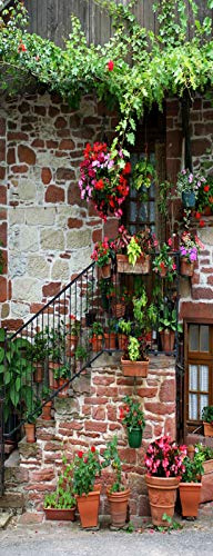 A.Monamour Türtapete Selbstklebend Türfolie Türposter 3D Blumen In Der Alten Architektur Straßen Szene Des Hof Gartens Vinyl Folie Türdeko Tapete Wandbild Türaufkleber Türtattoo 90 x 200 cm
