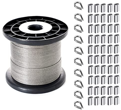 IDGGDI 164FT Vinyl Coated Picture Hanging Wire, 2mm Stainless Steel Wire Rope Spool with 50 Pcs Crimping Sleeves, 10 Pcs Thimbles for Hanging Picture Frame, Artwork, String Light, Photos