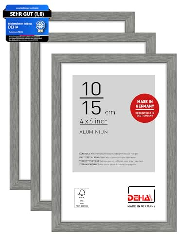 DEHA Design cadre photo, 10 x 15 cm (set de 3), aluminium, Gris mat, cadre photopour poserau format paysage et portrait, verre synthétique, Tribeca