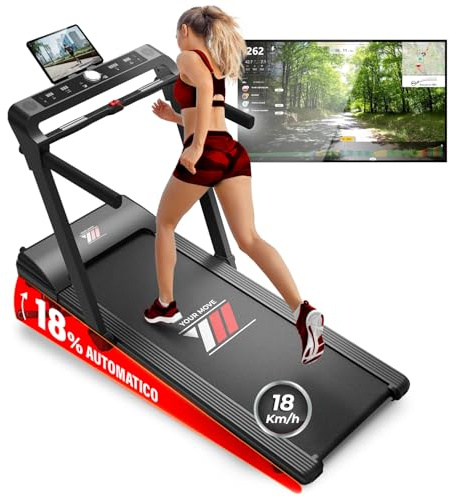 YM Tapis Roulant Elettrico 18 km/h Superfice Corsa XXL, Marchio Italiano, INCLINAZIONE Automatica, Pieghevole, 2 Sistemi di Controllo (TASTI o GESTUALE), APP Interattive Bluetooth, NEXT 8000 Your Move
