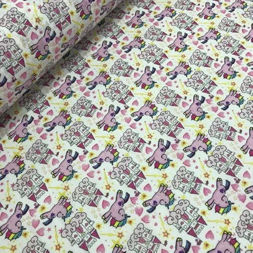 Kt KILOtela - Patchwork-Stoff, Baumwolle, Digitaldruck, Nähen, Handwerk, 50 cm Länge x 150 cm Breite, Einhörner, Schlösser, Rosa ─ 0,50 m