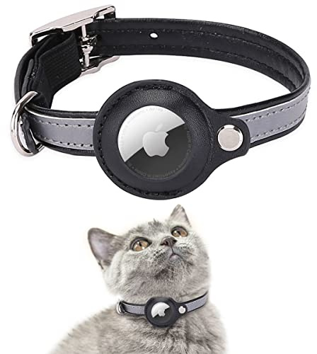AgoumLux Airtag Katzenhalsband Reflektierend Air Tag Katze Halsband Leder für GPS Tracker Integriertes Verstellbarer Collar, Schwarz, XS