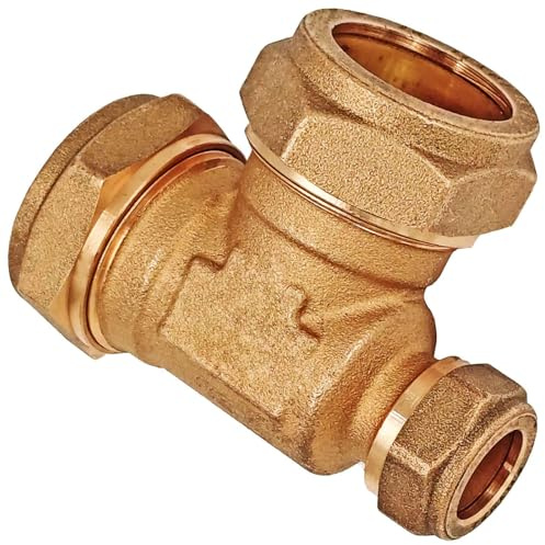 MegaHaustechnik Schraubfitting Kupferrohr, T-Stück reduziert, 22 x 18mm | Messing Klemmringverschraubung, Trinkwasser geeignet, für Rohr-Außendurchmesser 22 x 22 x 18mm, Seitenabgang reduziert
