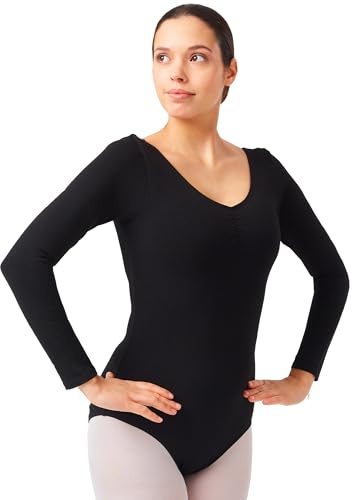 tanzmuster Ballett Trikot Damen Langarm - Isabelle - Baumwolle - Bustier - geraffter Ausschnitt - schwarz Größe 40 - schwarzer Tanz Body - Ballettkleidung für Erwachsene
