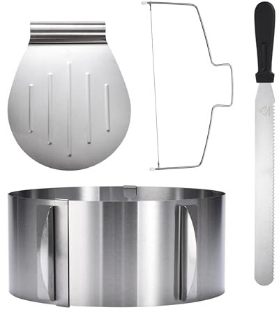 Kitchtic Tortenring Verstellbar - Tortenwerkzeug-Set mit Tortenring, Tortenschneider, Kuchenmesser und Tortenheber - Edelstahl Backzubehör für Anfänger und Hobbybäcker - 4er-Set