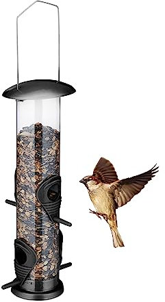 Relaxdays Vogelfutterspender zum Aufhängen, Futtersäule Vögel, 4 Entnahmestellen, Futterspender Wildvögel, schwarz