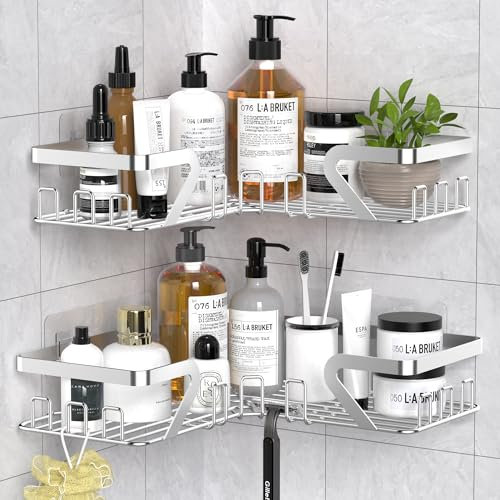 Kegii Shower Caddy Corner with Soap Holder, 2 Pack Stainless Steel Shampoo Organizer, No Drilling Adhesive Corner Shower Shelf Bathroom Organizer for Bathroom, Silver