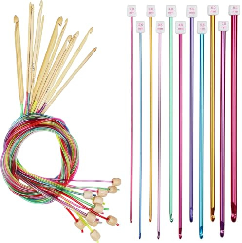 VIVIIHOO Tunesische Häkelnadeln Set mit Seil, 11 PCS Aluminium Tunesisch Häkelnadeln für Anfänger, Lange Häkelnadeln Tunesisch, Bunte Afghan Häkeln für Schals Pullover, 2,0-8,0 mm Leicht