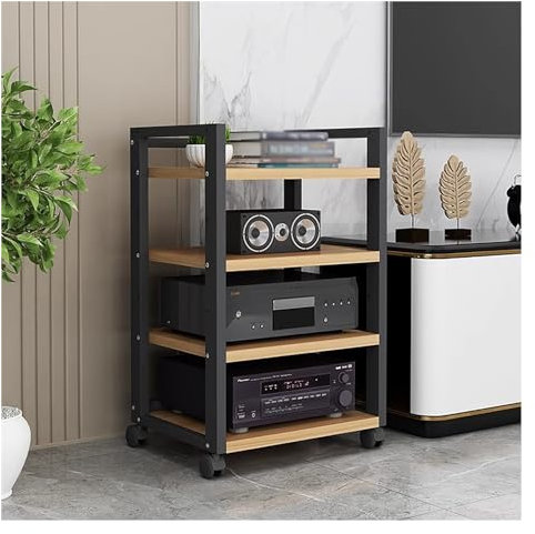 audio rack hifi regal Stereoracks Und -ständer Für Heimkino/Wohnzimmer, Bodenstehender Schrank 3/4/5 Etagen Audio-Video-Medienhalter Auf Rädern, Holz Höhenverstellbares Regal ( Color : Black-#2 , Size