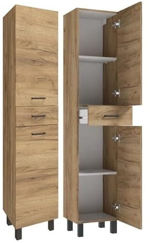 Deftrans Badrumsskåp stående 169 x 35 cm, smalt högt skåp av ek | Badskåp av trä med hyllor
