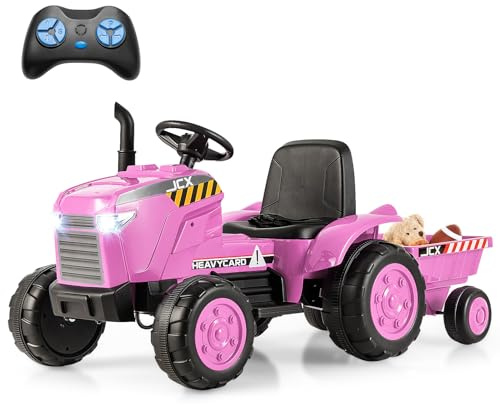 COSTWAY Electric Ride on Tractor, 12V Kids Toy Car with Detachable Trailer, Wireless Connection, Horn, Music, Lights, Battery Powered Ride on Toys for Children Ages 3-8 (Pink)