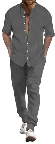 Junger Herrenanzug Slim Fit Herren Sommer Atmungsaktiv Zwei gerollte Ärmel Hemd Hose Set Herren Sportbekleidung Herren Zweiteilige Sportbekleidung, grau, XXL