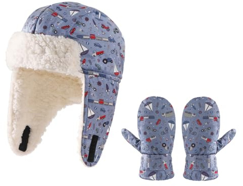 Kinder Wintermütze und Fäustling mit Ohrenklappen, 2-in-1-Strick-Trappermütze, Handschuhe-Set für Jungen und Mädchen, mit Fleece gefüttert, niedlicher Druck, Thermo-Mütze, Handschuhe, Ohrwärmer für