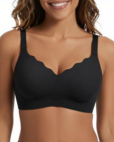 SHARICCA BH dam utan bygel – sömlös V-ringad vågiga kanter push up bh mjuk andningsaktiv sömlös bustier med bh förlängning, Svart-1p02, S