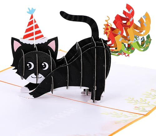 Dimeho Roligt katt pop up-födelsedagskort, 3D-kattfisande konfetti söta födelsedagskort handgjorda katt mamma pappa hälsning popup-kort gåvor till make, fru, vän och alla kattälskare