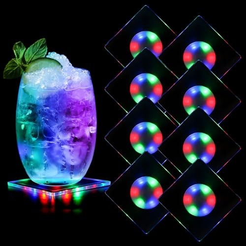 Viitech 8er Quadratisch Bunt LED Untersetzer für Getränke, 10cm 3 Beleuchtungsmodi Leuchtende Untersetzer, Acryl Untersetzer Leuchtende für Gläser Flaschen Partys Hochzeiten Bar Weihnachten
