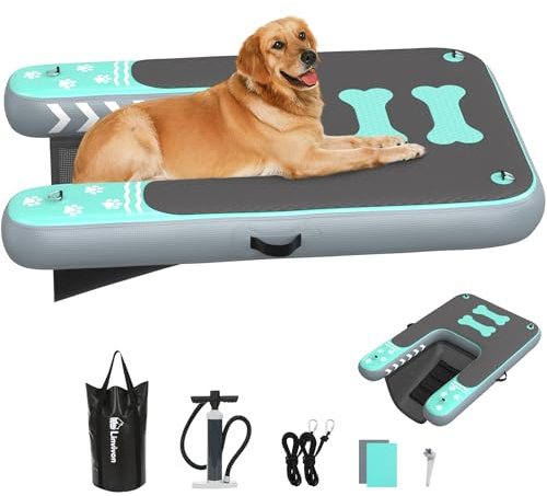 Linvivon Inflatable Dog Boat Ramp for Dogs Up to 240 lbs, Inflatable Dock Floating Platform with Anti-Slip EVA Foam Safe & Easy Water Access, Dog Ramp for Boat, Pools, Lakes, Boats, Docks, Green