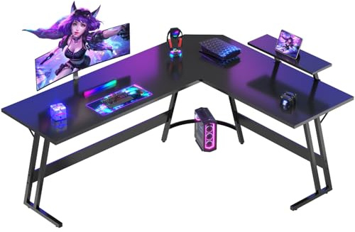 Devoko Bureau Gaming d'angle 170 x 130cm avec Support d'écran, Table Informatique en Coin,Bureau Gamer en Forme de L Table pour Etudier, Jouer et Travailler Noir